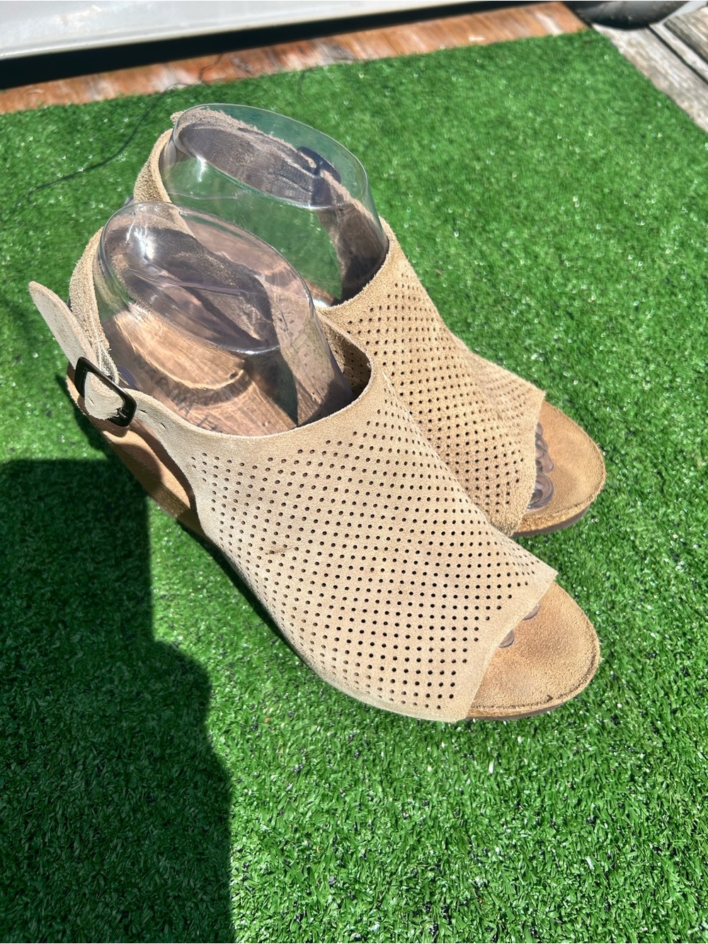 Marina Luna Perforated Open-Toe Slingback Mules — Tan